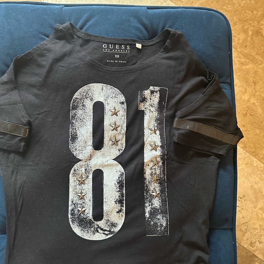 Guess Black Cold Shoulder Top with White Graphic